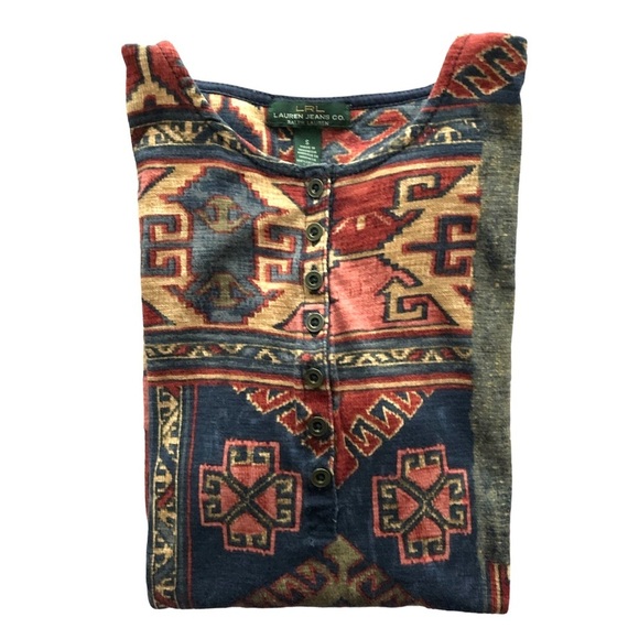 Lauren Ralph Lauren Aztec Henley  3/4 sleeve cotton top Southwestern Size Smalll - Picture 7 of 10